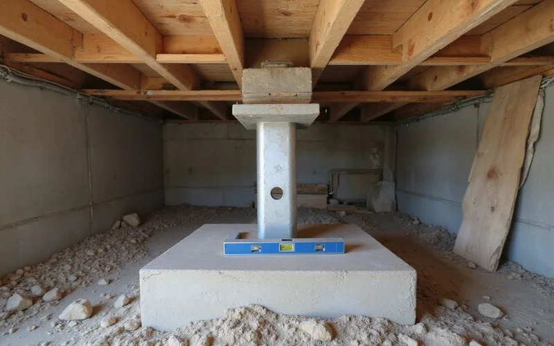 Adjustable steel jack post supporting a beam on a poured footing