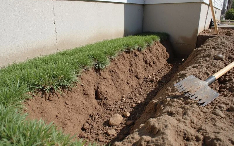 Backfilled trench with turf replaced along a repaired foundation perimeter