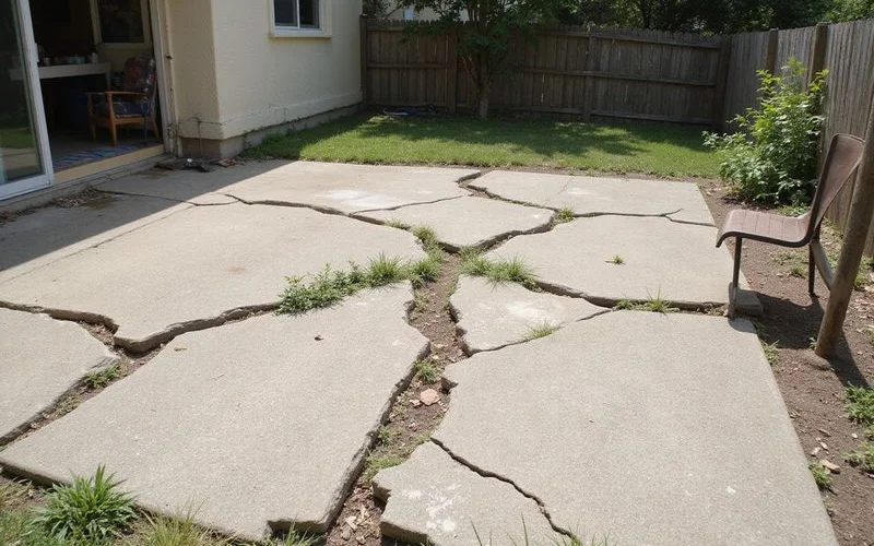 Badly fractured concrete patio broken into several pieces with displaced edges