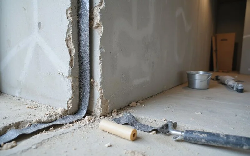 Carbon-fiber strap reinforcement bonded across a foundation wall crack