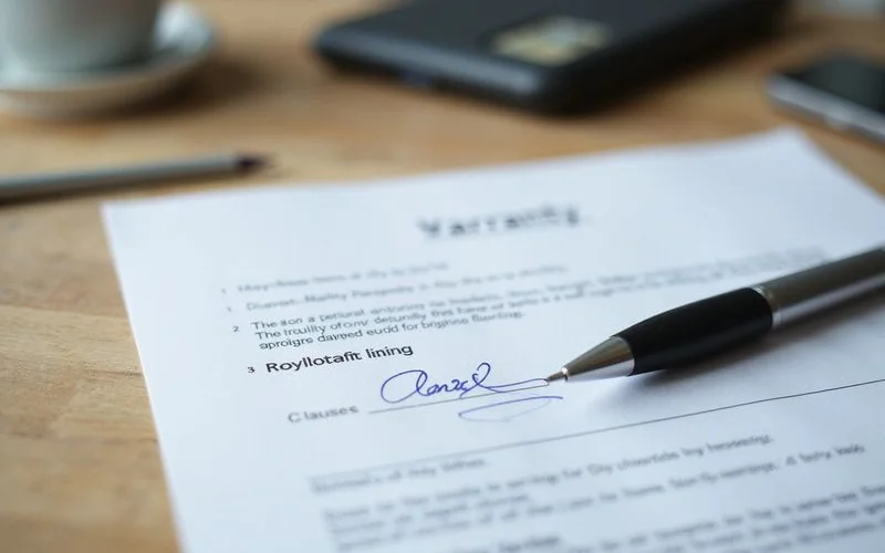 Close-up of a signed warranty page with a pen resting on the signature line