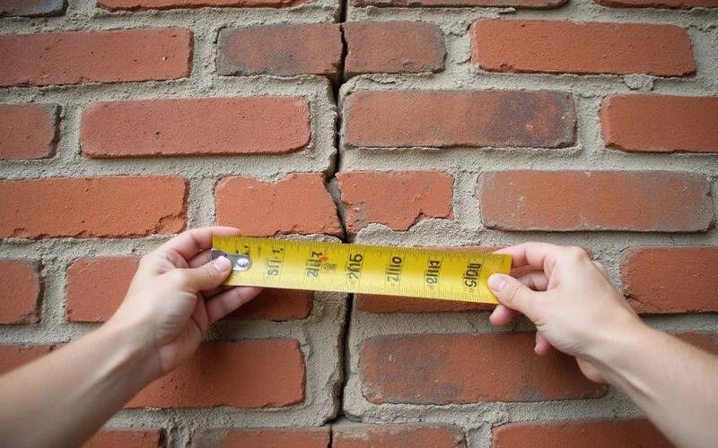 Close-up of a vertical brick crack with a measuring tool for scale