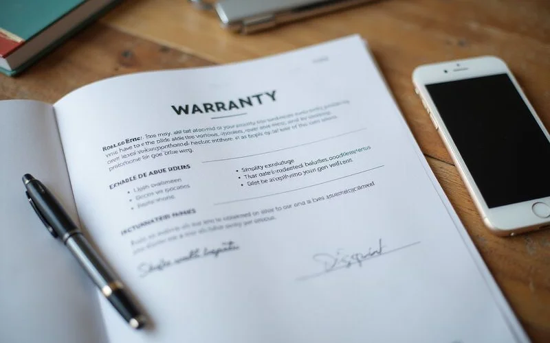 Written warranty page showing coverage, exclusions, and transfer terms