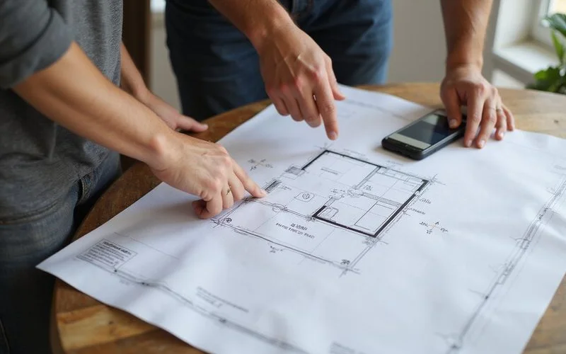 Contractor pointing to a floor plan marking pier locations