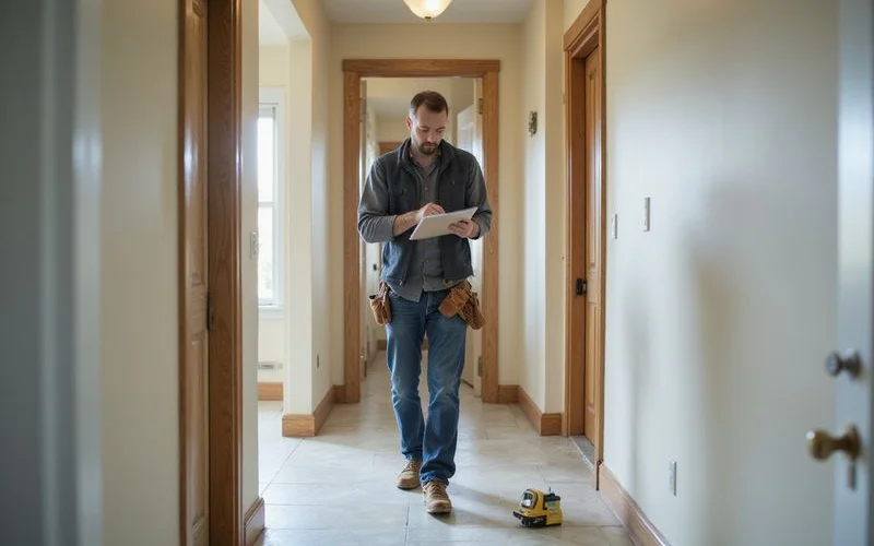 Contractor recording floor elevation readings on a plan in a residential hallway