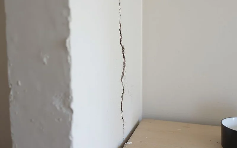 Crack continuing across a corner onto the adjoining wall with a dated pencil mark