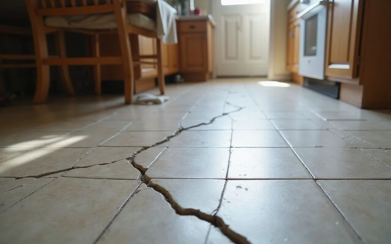 Cracked floor tiles running in a line across a kitchen floor
