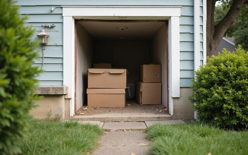 Crawlspace access door cleared of stored items before an inspection