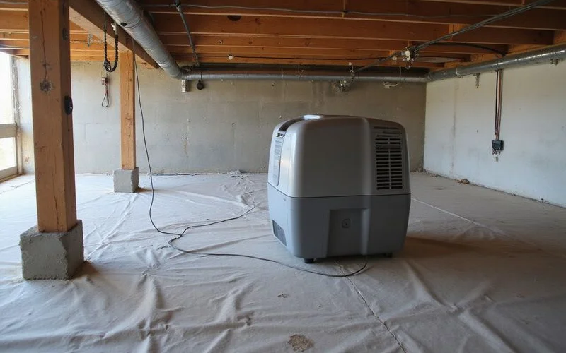 Crawlspace dehumidifier and sealed vents with a condensate line