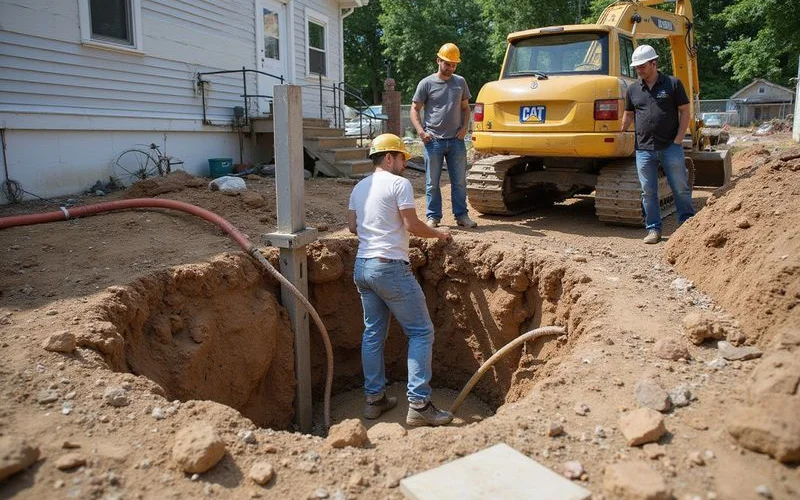 Crew installing a pier beneath a grade beam in an open excavation
