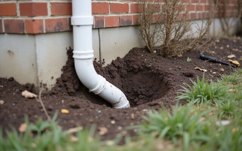 Downspout discharging at a foundation corner with an eroded channel beneath