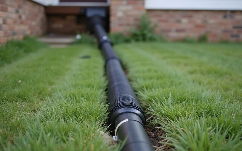 Downspout extension carrying roof runoff away from a house foundation