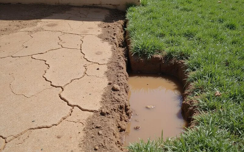Dry cracked clay soil next to saturated soil after rain