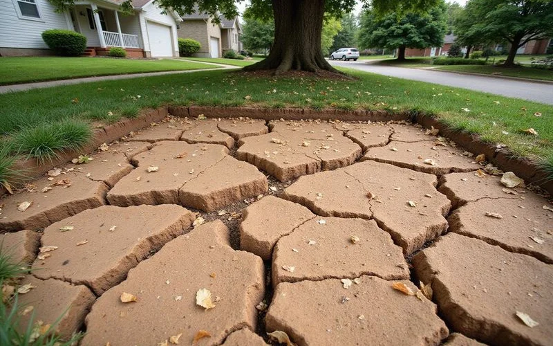 Dry shrunken clay soil with deep cracks beneath a large tree canopy