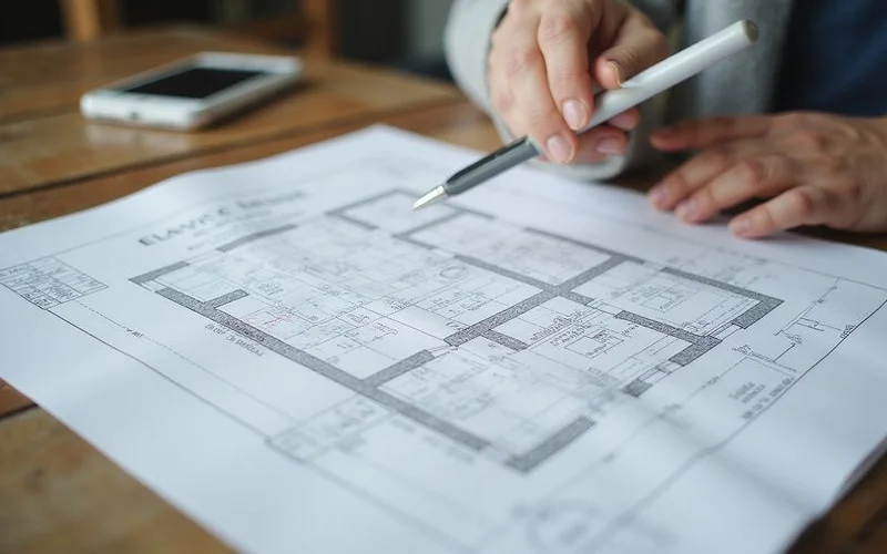 Elevation contour survey printed on a floor plan with readings noted