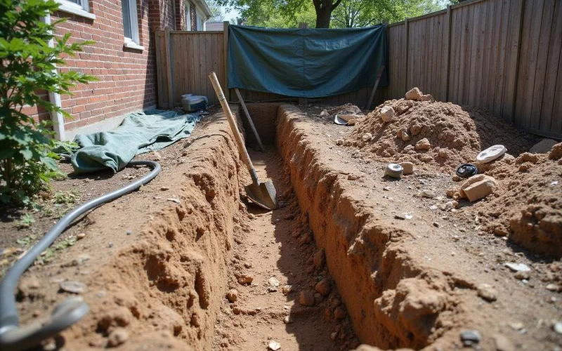 Excavated access trench in a narrow side yard showing restricted working room