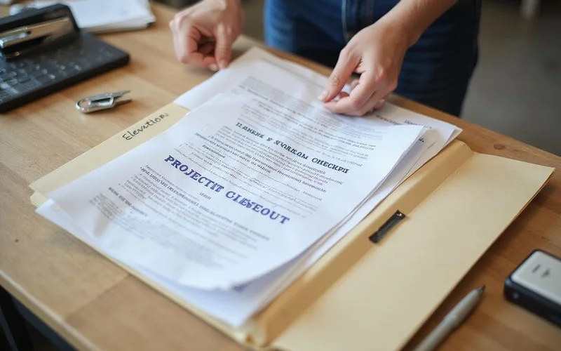 Folder of project closeout documents including elevation records and warranty terms