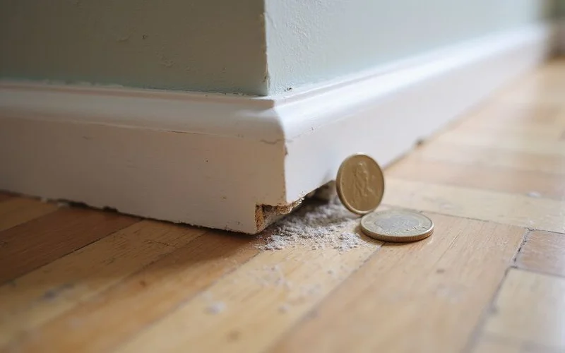 Gap between floor and baseboard with a coin for scale