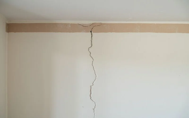 Hairline crack along a taped drywall seam near a ceiling line