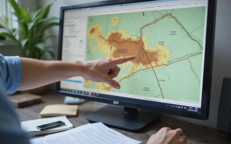 Hand pointing at a shaded soil-series region on a screen with a property boundary drawn