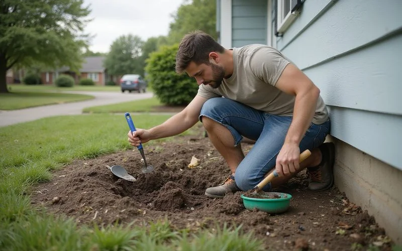 Homeowner checking soil moisture with a hand trowel beside a house foundation