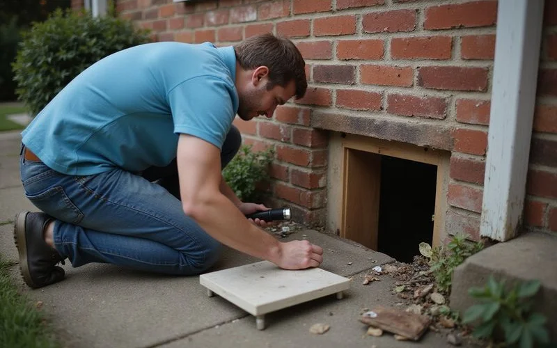 Homeowner looking into a crawlspace access door