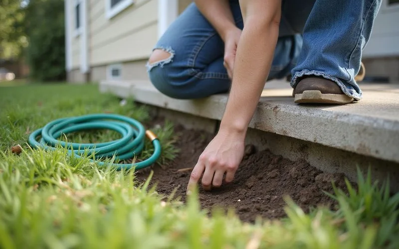 Homeowner checking soil moisture near a house foundation