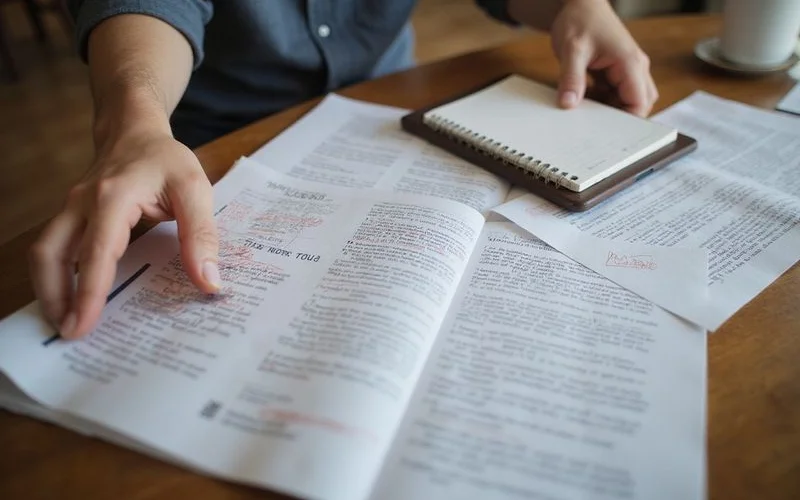 Homeowner reviewing proposal documents with annotations and a notepad of questions
