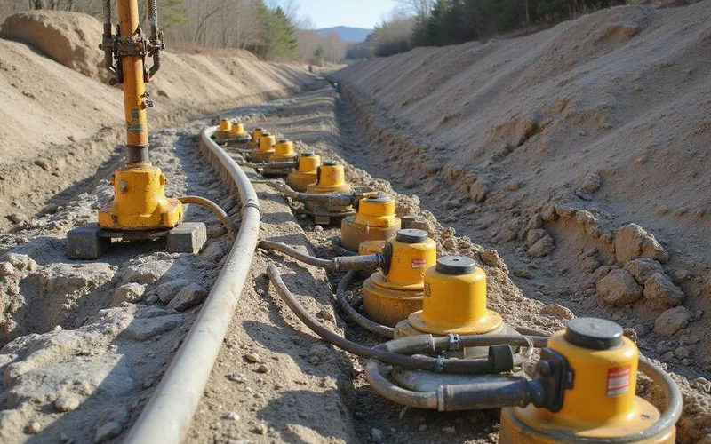 Hydraulic jacks positioned along a grade beam during a lift