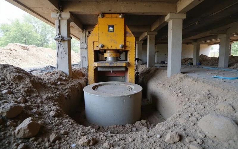 Hydraulic press forcing a concrete cylinder into the soil during installation