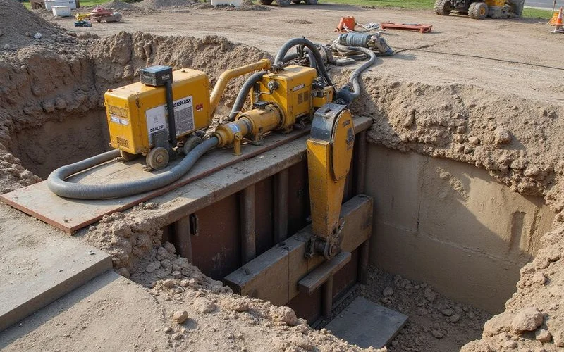Hydraulic ram driving a steel pier section during installation
