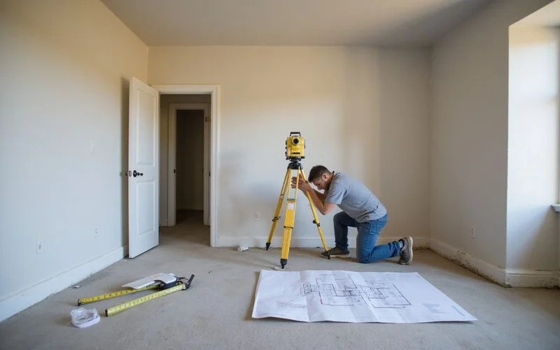 Inspector measuring floor level with survey equipment in an empty room
