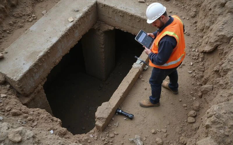 Inspector reviewing an open pier excavation with a tablet during a site inspection