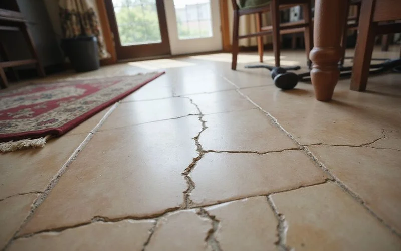 Floor tile cracked in a ridge line across a room suggesting upward movement