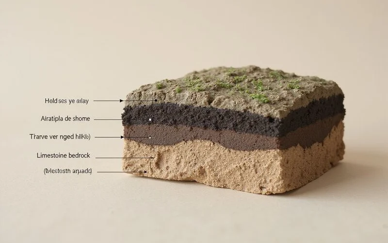 Layered soil cross-section showing clay over a transition zone over limestone