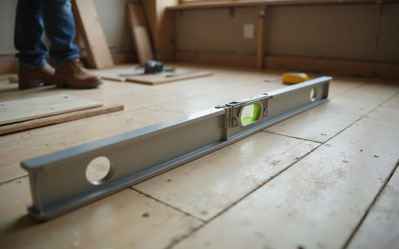 Level showing floor slope across a room