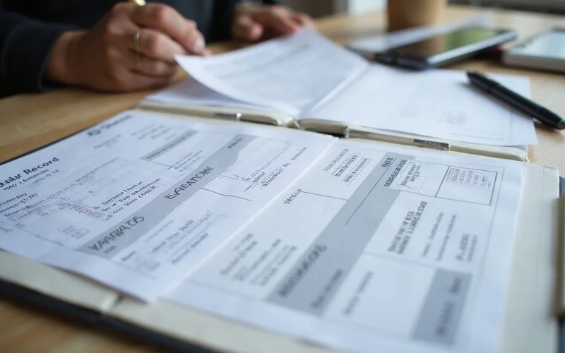 Folder of home repair records including invoices, elevation printouts, and a warranty