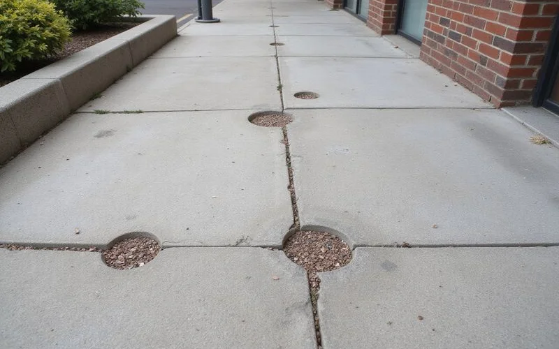 Patched small foam injection holes beside larger patched slurry holes