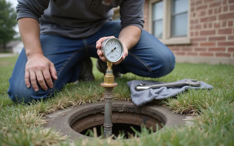 Plumber attaching a test gauge to a sewer cleanout during post-lift hydrostatic testing