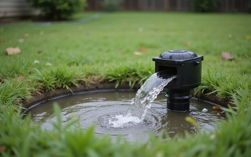 Pop-up emitter discharging at the low point of a yard away from the house