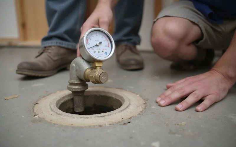 Test gauge attached to a plumbing cleanout during an under-slab leak test