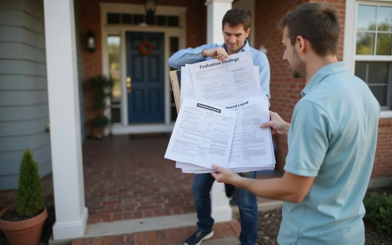 Printed evaluation findings document being handed to a homeowner