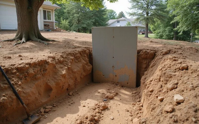 Root barrier panel installed in a trench beside a foundation