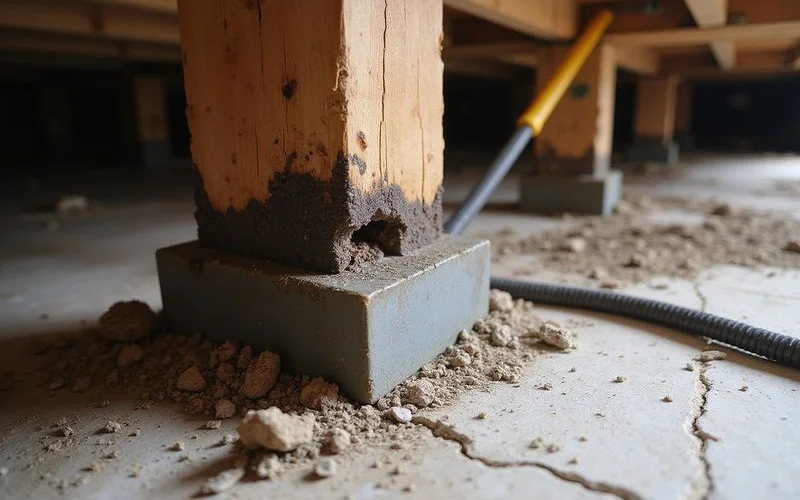 Rotted joist end and damp sill plate at a bearing point in a crawlspace
