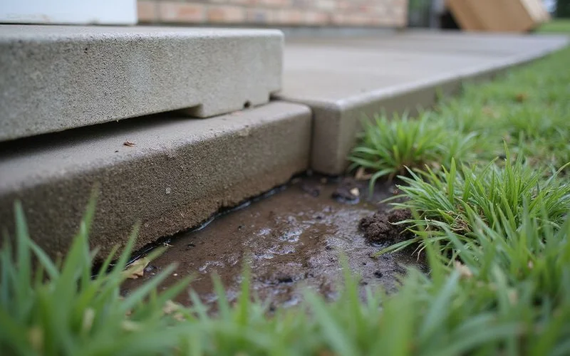 Saturated yard soil with standing water beside a residential slab edge after rain