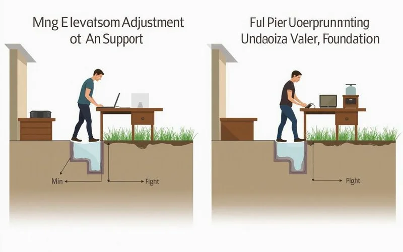 Comparison illustration of leveling adjustment versus pier underpinning