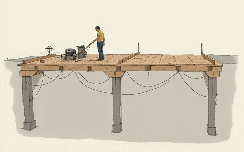 Cutaway illustration of a pier-and-beam foundation with joists and girders