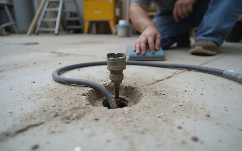 Small polyurethane injection port in a concrete slab with the nozzle in place