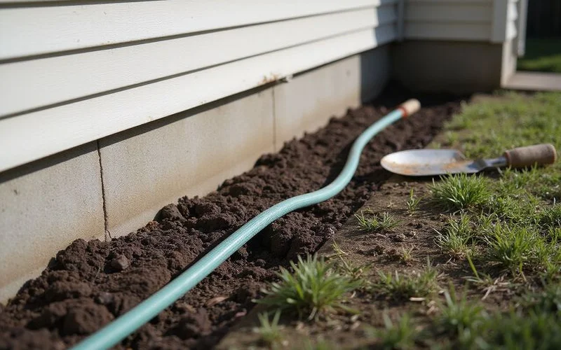 Soaker hose laid along a foundation perimeter at a consistent distance from the slab edge