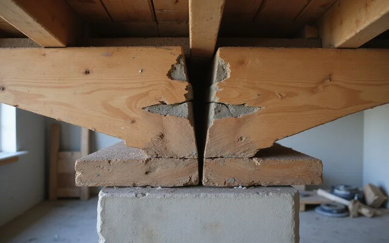 Split wooden girder showing crushing at a bearing point over a pier